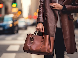 Woman is walking down the street with a brown leather handbag. Generative AI