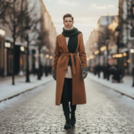 Håll stilen i kylan moderiktigt klädd kvinna på gata i vintertid, blurrad bakgrund